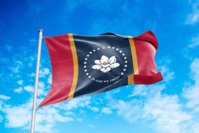 Mississippi,Flag,Waving,In,The,Wind,,Blue,Sky,Background