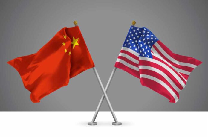 Two,Wavy,Crossed,Flags,Of,China,And,United,States,Of