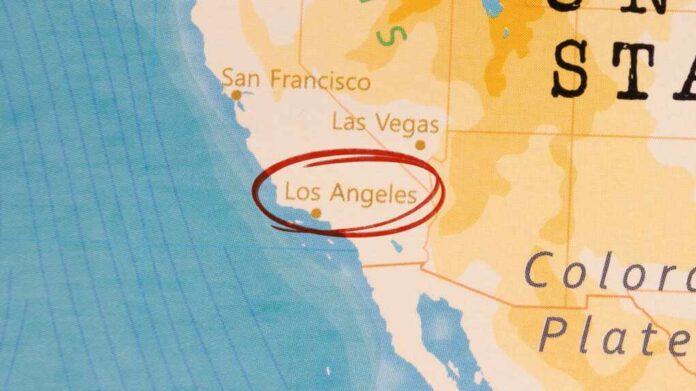 Los,Angeles,Marked,With,Red,Circle,On,Realistic,Map.