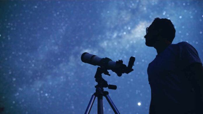 Astronomer,With,A,Telescope,Watching,At,The,Stars,And,Moon.
