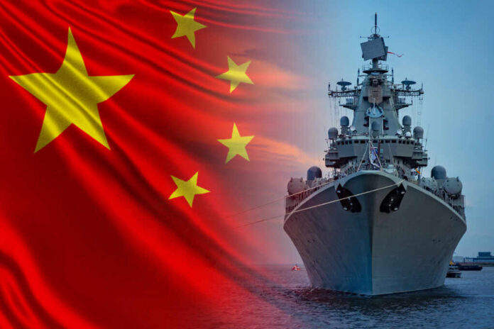 The,Navy,Of,China.,Chinese,Warship,On,The,Background,Of