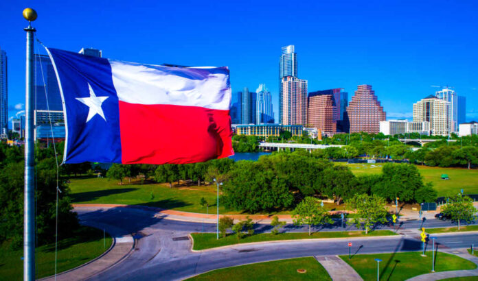 Perfect,Texas,Flag,Flying,Over,Lone,Star,State,Capital,City