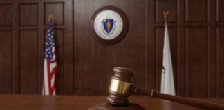 A wooden gavel resting on a table in a courtroom with flags in the background
