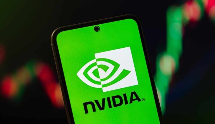 shutterstock_2696145911.jpg NVIDIA logo displayed on a smartphone screen with a green background