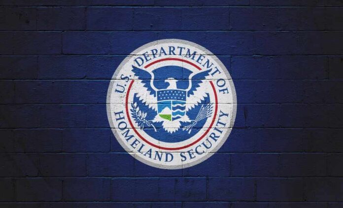 Logo of the U.S. Department of Homeland Security on a blue wall