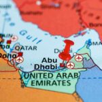 Diplomacy Crumbles: UAE Faces Iran’s Wrath Map highlighting Abu Dhabi in the United Arab Emirates with a red location pin