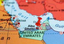 Map highlighting Abu Dhabi in the United Arab Emirates with a red location pin