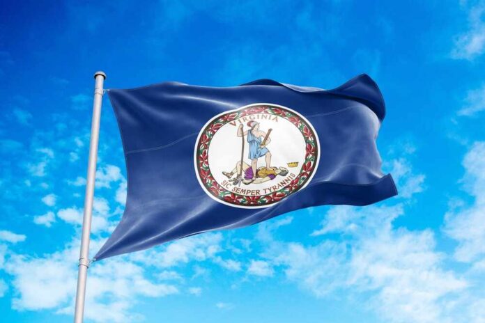shutterstock_2319331491.jpg Virginia state flag waving against a blue sky