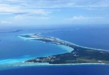 Aerial view of a tropical island surrounded by blue ocean waters