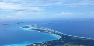 Aerial view of a tropical island surrounded by blue ocean waters