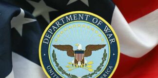 Emblem of the Department of War on a background of the American flag