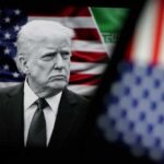 Trump’s Dilemma: Declare Victory or Face Fallout? Donald Trump in front of an American flag, displaying a serious expression