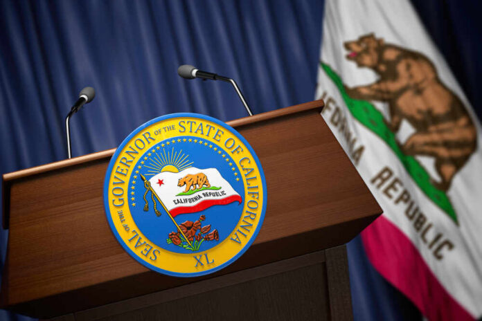 Podium with the seal of the Governor of California and state flag in the background