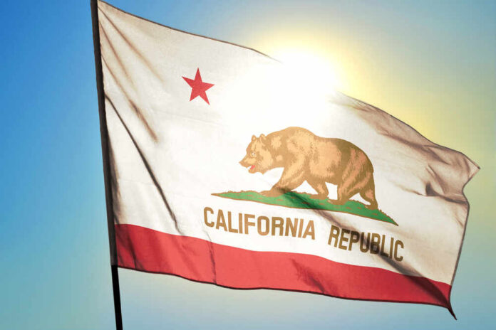 California state flag waving in the sunlight