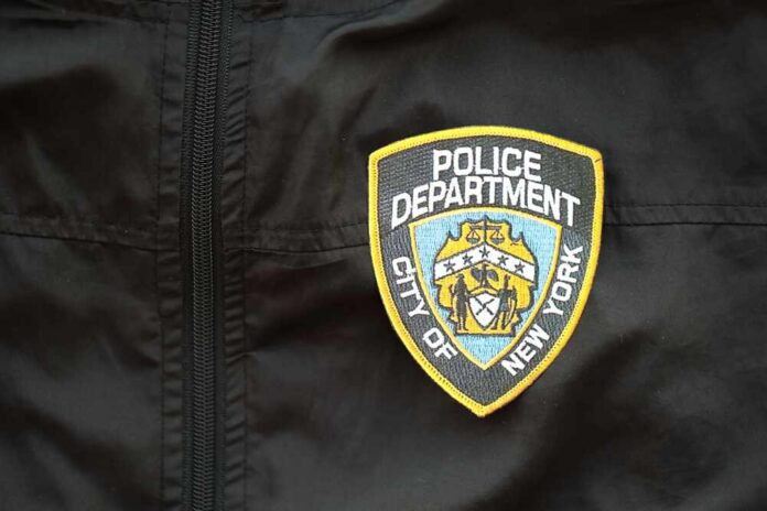 Close-up of a New York City Police Department badge on a black jacket