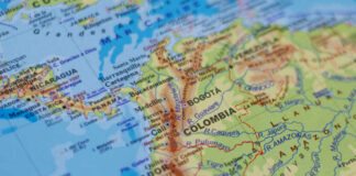 A detailed map showing Colombia and its geographical features