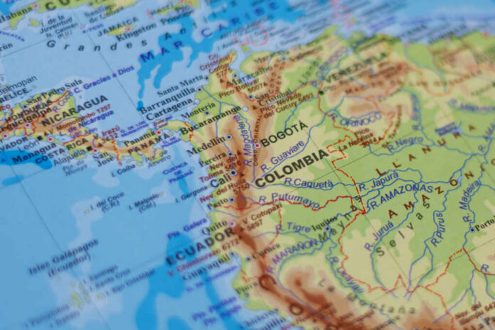 A detailed map showing Colombia and its geographical features