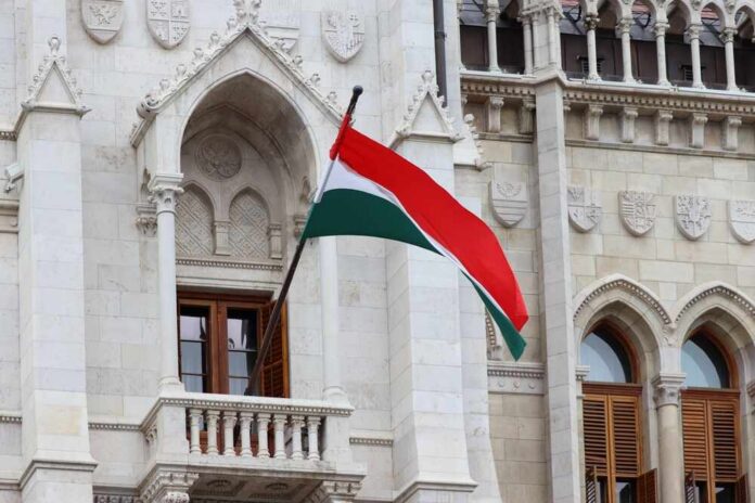Hungarian flag waving in front of a historic building