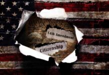 Torn paper revealing the 14th Amendment and the word Citizenship against an American flag background