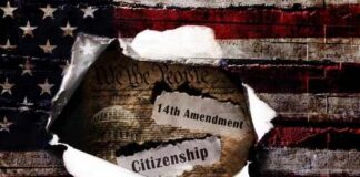 Torn paper revealing the 14th Amendment and the word Citizenship against an American flag background