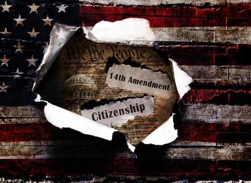 Torn paper revealing the 14th Amendment and the word Citizenship against an American flag background