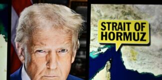 A political figure next to a map highlighting the Strait of Hormuz