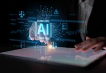 A hand interacting with a digital interface displaying AI technology