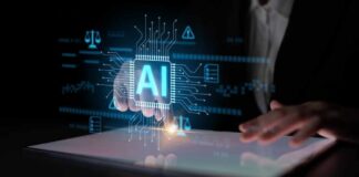 A hand interacting with a digital interface displaying AI technology