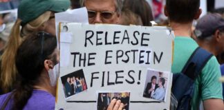 A person holding a protest sign that reads 'Release the Epstein Files' with photos attached
