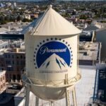 Aerial view of the Paramount water tower with the city in the background
