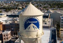 Aerial view of the Paramount water tower with the city in the background