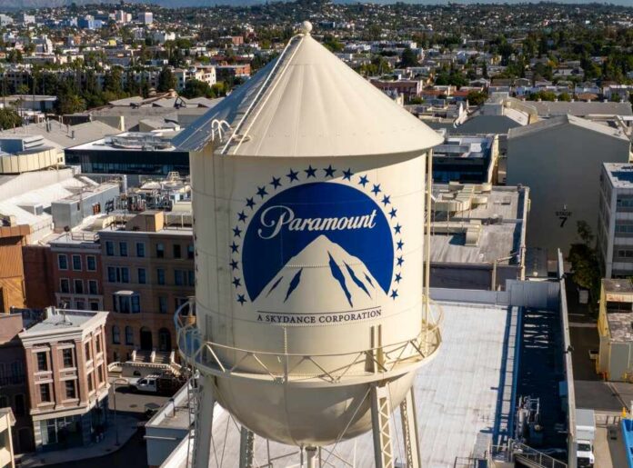 Aerial view of the Paramount water tower with the city in the background