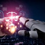 A human hand reaching out to a robotic hand, symbolizing interaction between AI and justice.