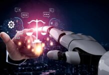 AI’s Hidden Influence Exposed in Courts A human hand reaching out to a robotic hand, symbolizing interaction between AI and justice.