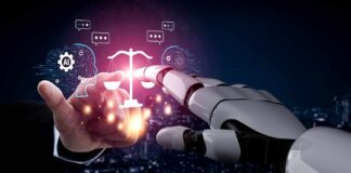 AI’s Hidden Influence Exposed in Courts A human hand reaching out to a robotic hand, symbolizing interaction between AI and justice.