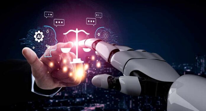 A human hand reaching out to a robotic hand, symbolizing interaction between AI and justice.