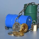 Blue and green oil barrels with cryptocurrency coins and a padlock