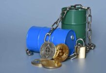 Blue and green oil barrels with cryptocurrency coins and a padlock