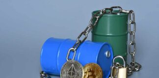 Blue and green oil barrels with cryptocurrency coins and a padlock