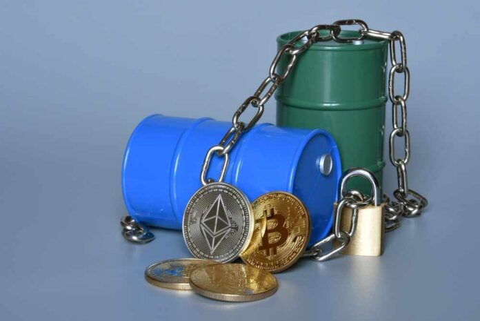 Blue and green oil barrels with cryptocurrency coins and a padlock