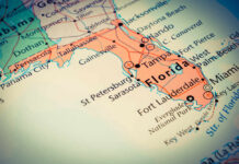 Map of Florida highlighting cities and geographical features