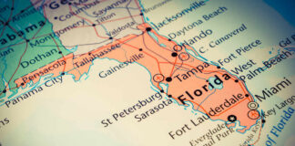 Map of Florida highlighting cities and geographical features