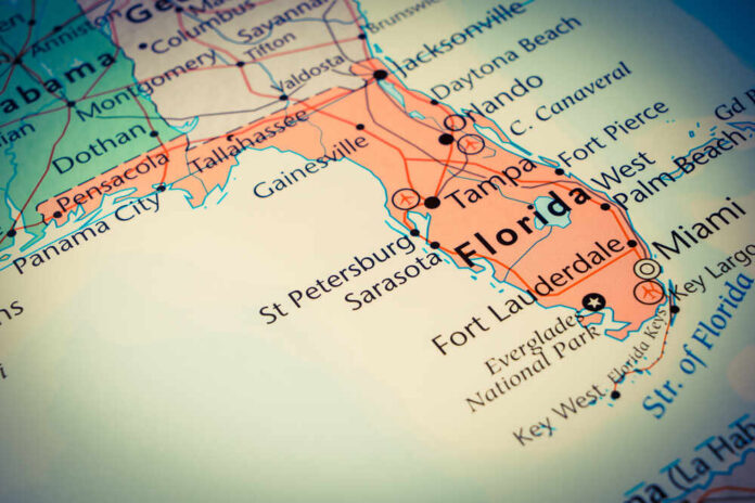 Map of Florida highlighting cities and geographical features