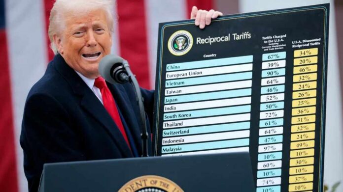 A politician speaking at a podium while holding a chart on reciprocal tariffs