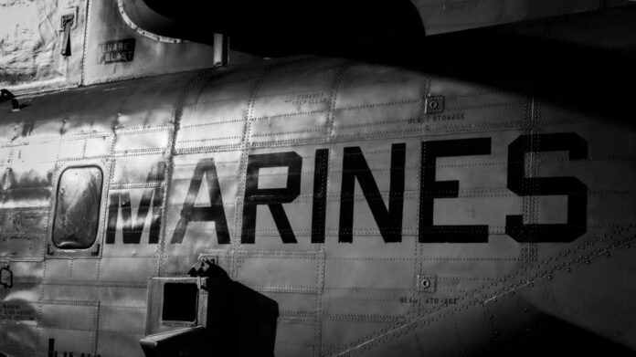 shutterstock2225255991jpg Close-up of a military helicopter with MARINES written on the side