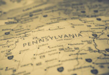 Close-up view of a map highlighting Pennsylvania