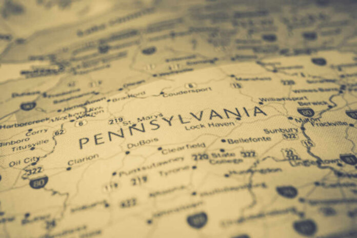 Close-up view of a map highlighting Pennsylvania