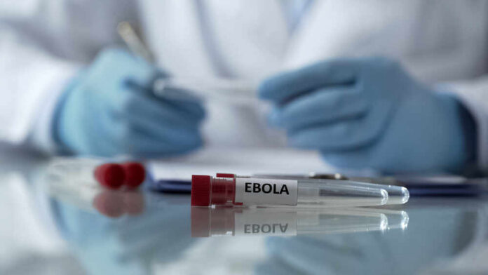 Worker,Of,Center,For,Disease,Control,Describing,Effects,Of,Ebola Ebola test tube on lab table with gloved researcher in background