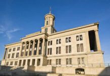 Tennessee State Capitol building against a clear blue sky