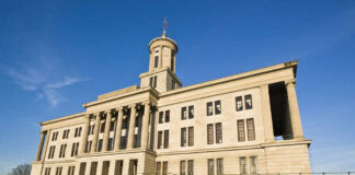 Tennessee State Capitol building against a clear blue sky